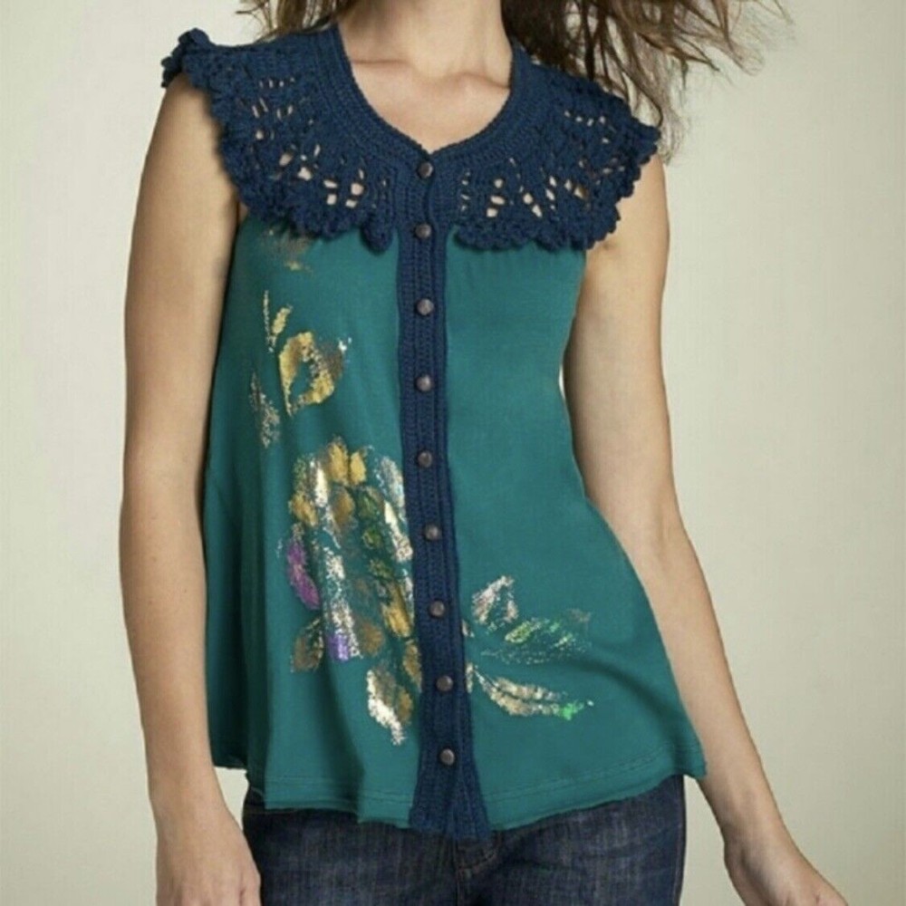 Free People Sleeveless XS Tank Top Crochet Button-Up Green Navy Blue Y2K